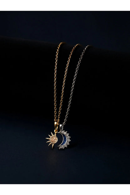 316L Çelik Ay & Güneş Tamamlanan Zirkon Taşlı Kolye – Çift Kolyesi, Uyum Kolyesi