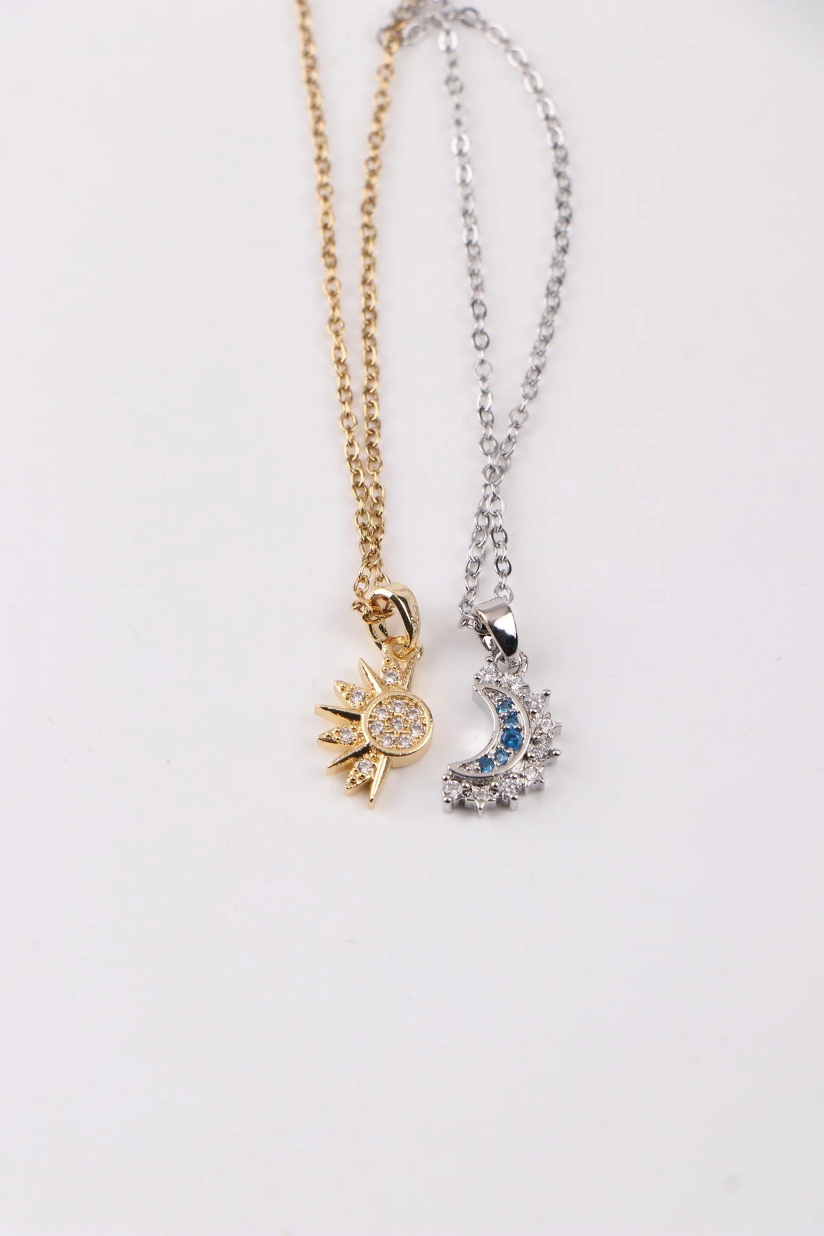 316L Çelik Ay & Güneş Tamamlanan Zirkon Taşlı Kolye – Çift Kolyesi, Uyum Kolyesi