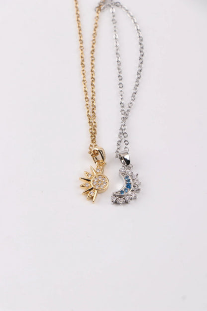 316L Çelik Ay & Güneş Tamamlanan Zirkon Taşlı Kolye – Çift Kolyesi, Uyum Kolyesi