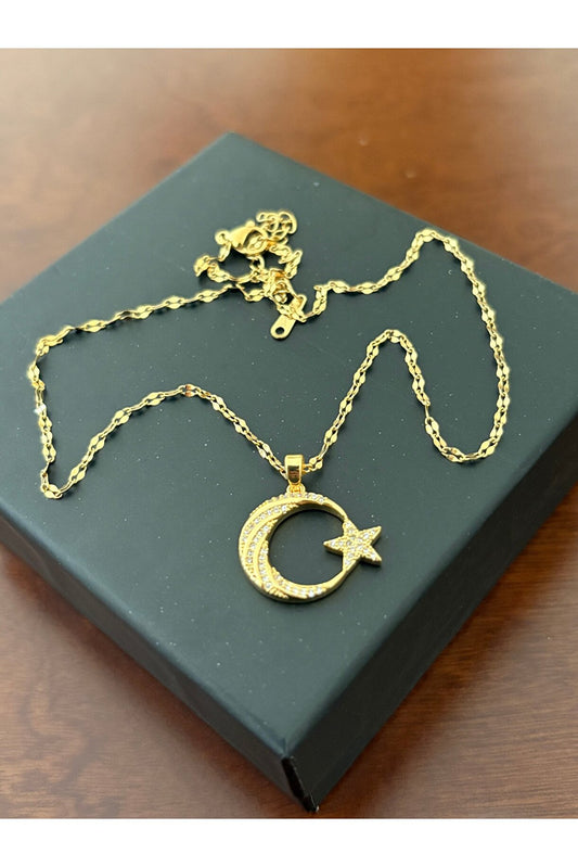 Ay Yıldız Kolye Zirkon Taşlı