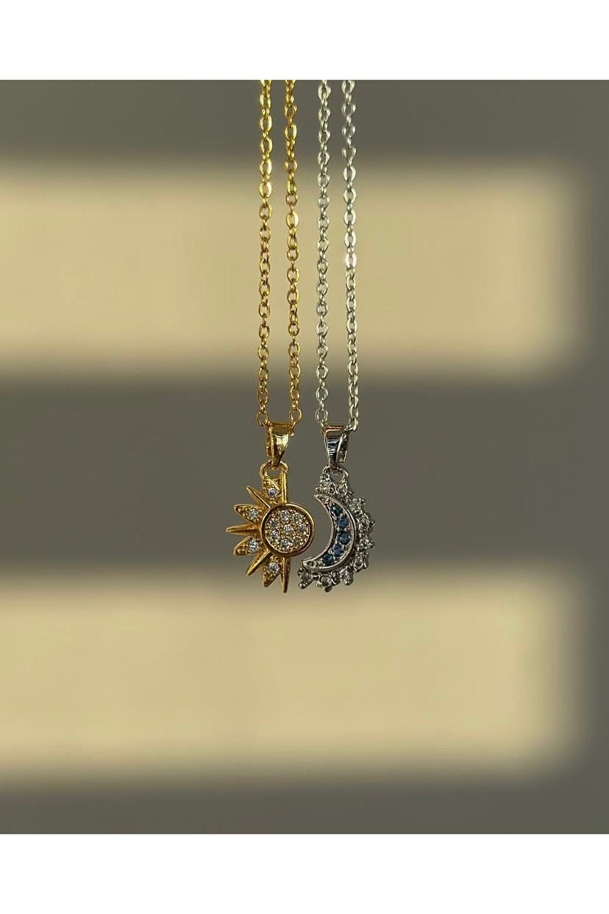 316L Çelik Ay & Güneş Tamamlanan Zirkon Taşlı Kolye – Çift Kolyesi, Uyum Kolyesi
