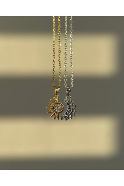 316L Çelik Ay & Güneş Tamamlanan Zirkon Taşlı Kolye – Çift Kolyesi, Uyum Kolyesi